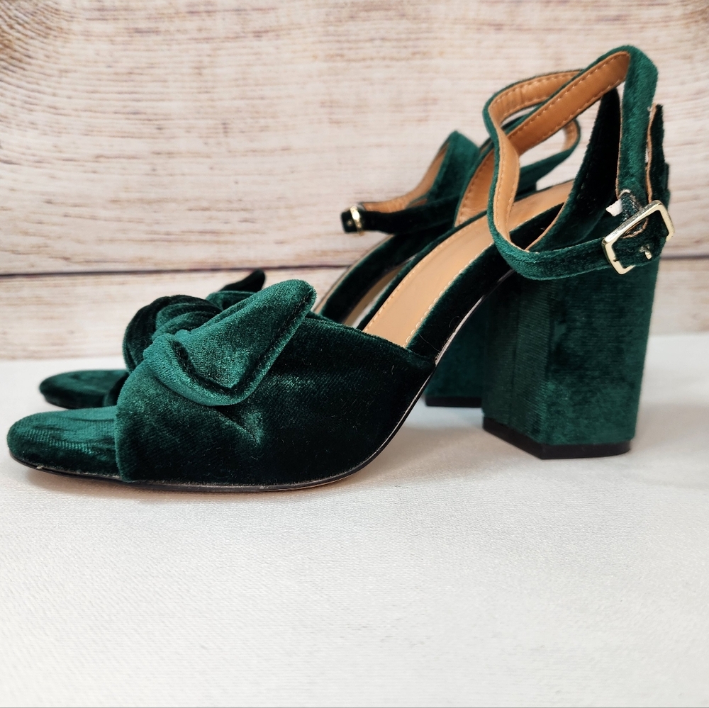 J. Crew Velvet Bow Women's Platform Heels Academic Green Size 7 - Picture 3 of 9